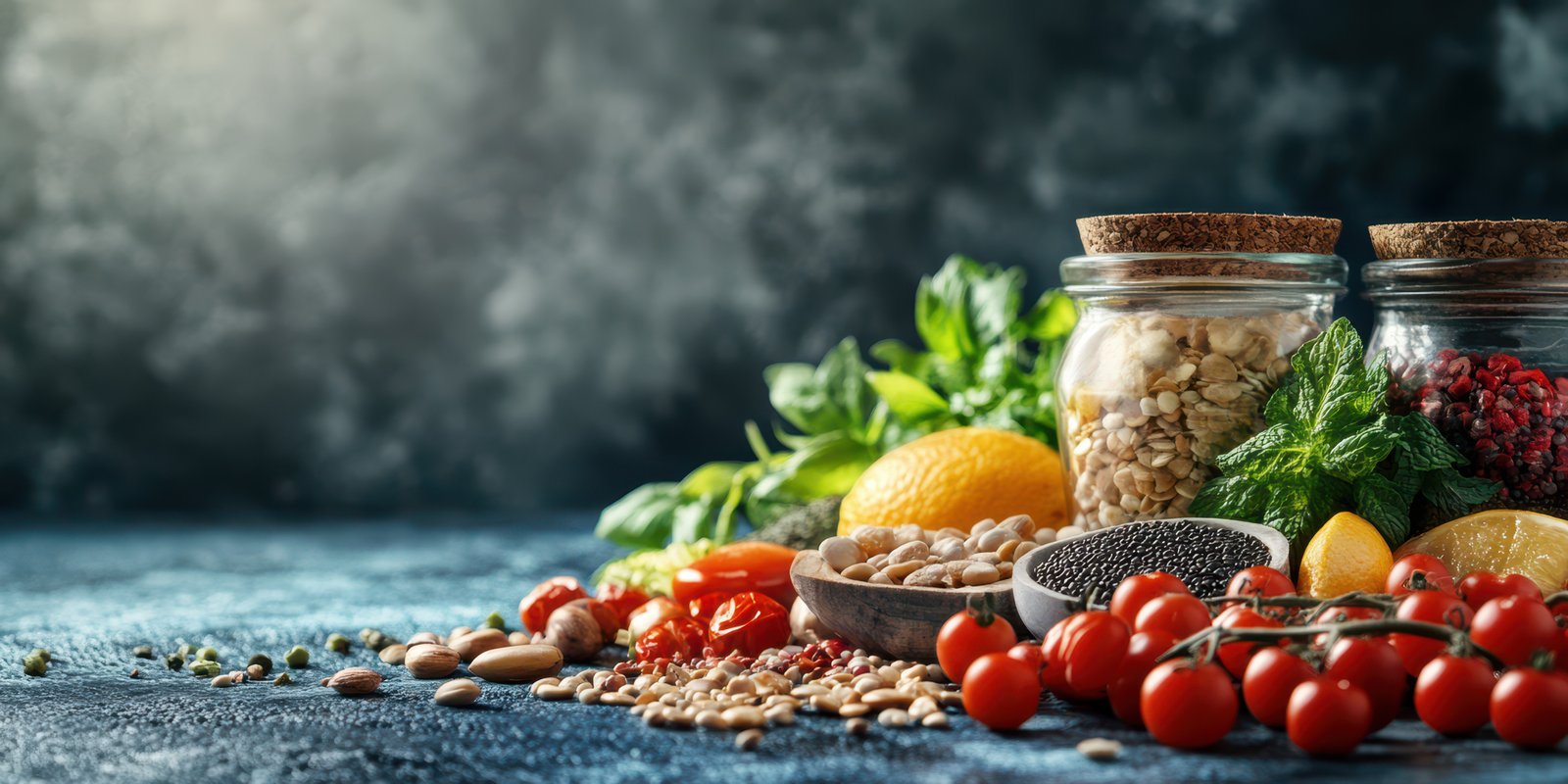 Fresh ingredients display with herbs, seeds, and vegetables on a textured surface in a soft light setting